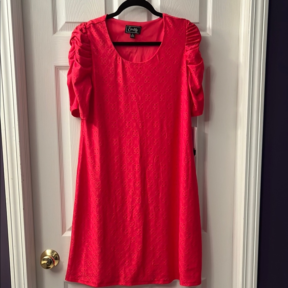 Pink A-Line Midi Dress with Puff Cap Sleeves